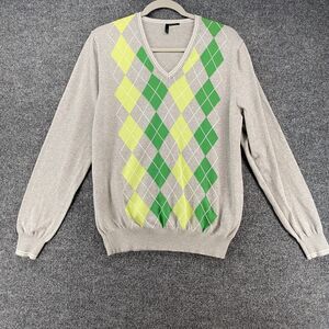 Stile Benetton Sweater Women L Gray Argyle Pullover V-Neck Classic Preppy Casual